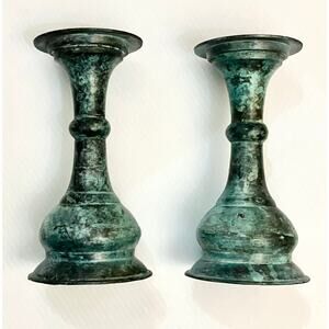 Vtg Candlestick Holder Pair Brass Verdigris Green Curved Column Pillar Baluster